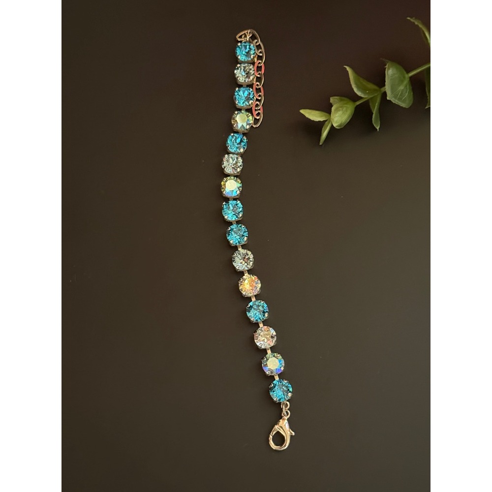 Blue Crystal Tennis Bracelet Silver Tone Adjustable 7-9 Inch Aurora Borealis - Picture 10 of 10